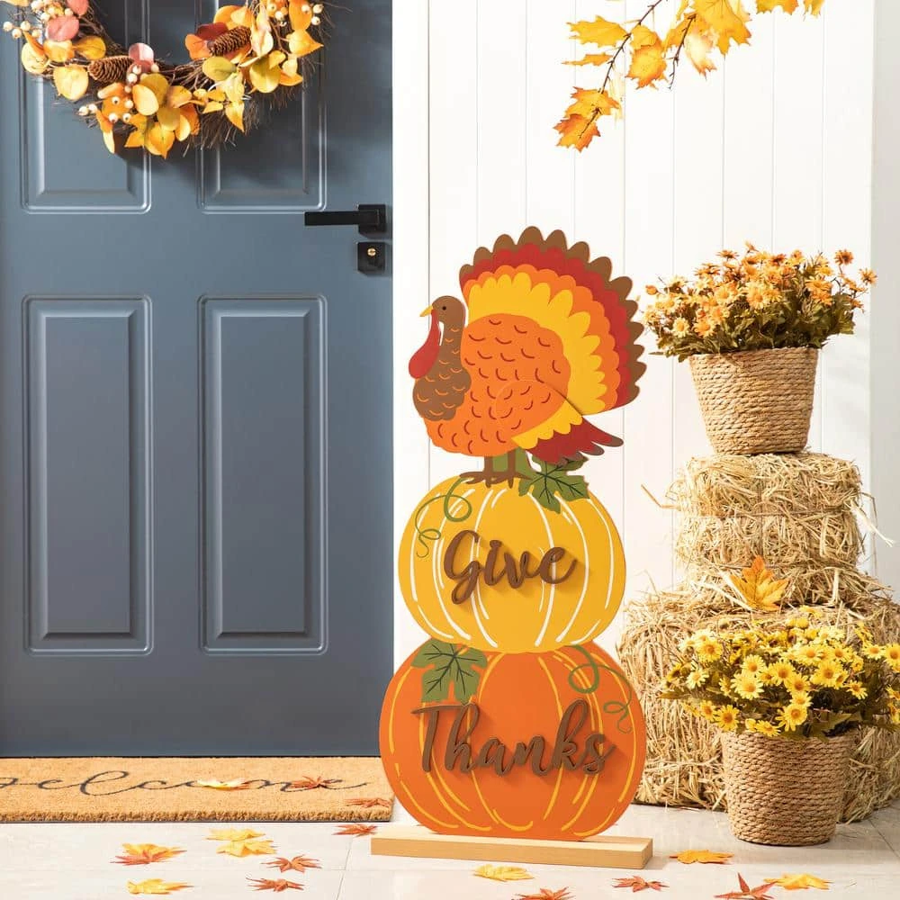 36 In. H Thanksgiving Wooden Stacked Pumpkin & Turkey Porch Decor 1 36 In. H Thanksgiving Wooden Stacked Pumpkin & Turkey Porch Decor