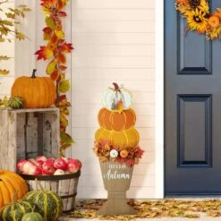 36 In. H Fall Wooden Stacked Pumpkin With Urn Porch Decor -The Home Depot Shop glitzhome outdoor fall decorations 2006300041 fa 1000