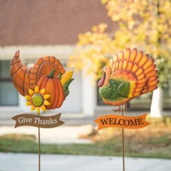 36.25 In. H Thanksgiving Metal Turkey And Croissant Yard Stake (Set Of 2 )