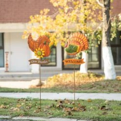36.25 In. H Thanksgiving Metal Turkey And Croissant Yard Stake (Set Of 2 ) -The Home Depot Shop glitzhome outdoor fall decorations 2020300017 77 1000