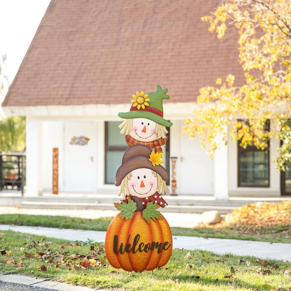46 In. H Fall Metal Stacked Scarecrow And Pumpkin Yard Stake 2 46 In. H Fall Metal Stacked Scarecrow And Pumpkin Yard Stake - Image 2
