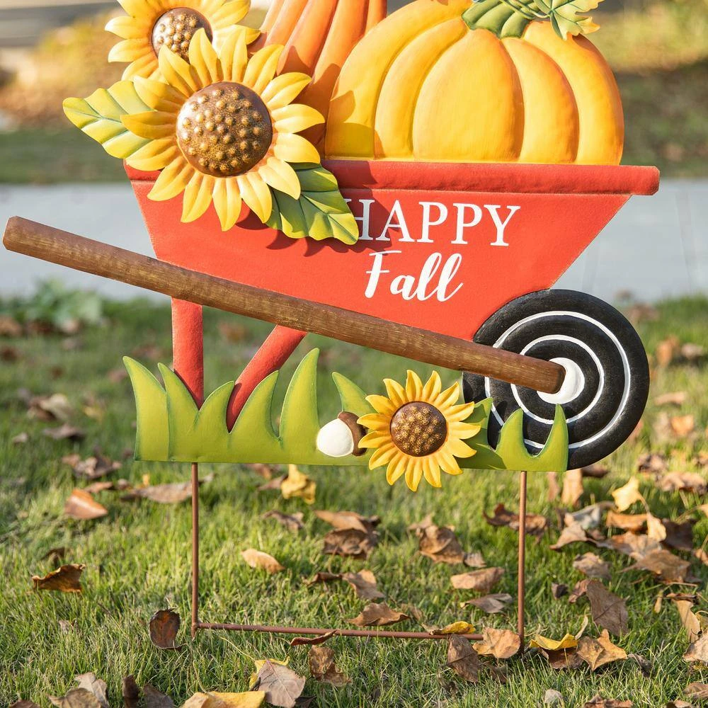 30 In. H Fall Metal Wheel Barrow Pumpkin Yard Stake 8 30 In. H Fall Metal Wheel Barrow Pumpkin Yard Stake - Image 8