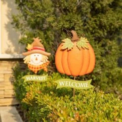36.25 In. H Fall Metal Scarecrow &Pumpkin Yard Stake (Set Of 2) -The Home Depot Shop glitzhome outdoor fall decorations 2030000011 44 1000