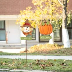 36.25 In. H Fall Metal Scarecrow &Pumpkin Yard Stake (Set Of 2) -The Home Depot Shop glitzhome outdoor fall decorations 2030000011 77 1000