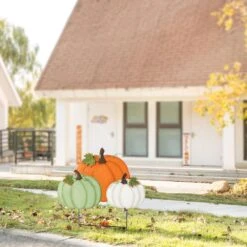 28 In. Fall Metal Stacked Pumpkin Yard Stake -The Home Depot Shop glitzhome outdoor fall decorations 2030000013 1f 1000