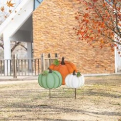 28 In. Fall Metal Stacked Pumpkin Yard Stake -The Home Depot Shop glitzhome outdoor fall decorations 2030000013 31 1000
