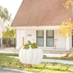 39.5 In. Fall Oversized Metal Ivory Pumpkin Yard Stake Or Wall Decor Or Standing Decor -The Home Depot Shop glitzhome outdoor fall decorations 2030000015 31 1000