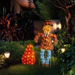 47.5 In. Lighted Fall 2. 5D Scarecrow And Pumpkin Outdoor Decor With 80L Plus 30L Warm White LED Lights (Set Of 2) -The Home Depot Shop glitzhome outdoor fall decorations 2042700001 31 1000