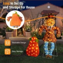 47.5 In. Lighted Fall 2. 5D Scarecrow And Pumpkin Outdoor Decor With 80L Plus 30L Warm White LED Lights (Set Of 2) -The Home Depot Shop glitzhome outdoor fall decorations 2042700001 44 1000