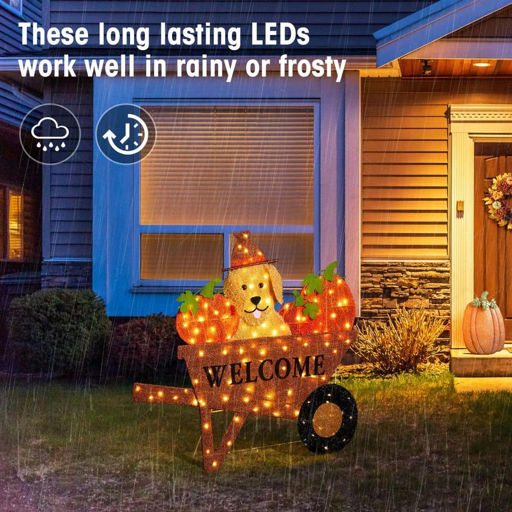 36.25 In. Lighted Fall Pumpkin Wheel Barrow With Labrador Outdoor Decor With 130 Warm White LED Lights 6 36.25 In. Lighted Fall Pumpkin Wheel Barrow With Labrador Outdoor Decor With 130 Warm White LED Lights - Image 6