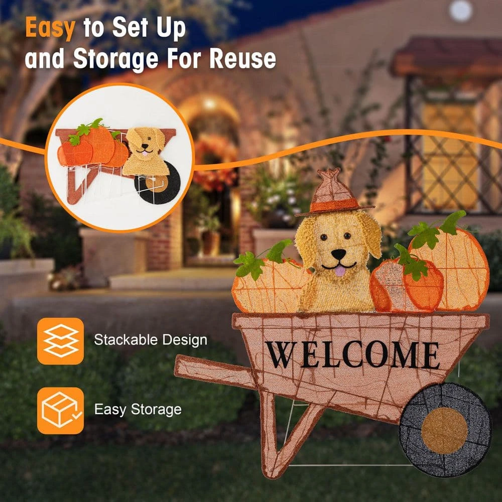 36.25 In. Lighted Fall Pumpkin Wheel Barrow With Labrador Outdoor Decor With 130 Warm White LED Lights 7 36.25 In. Lighted Fall Pumpkin Wheel Barrow With Labrador Outdoor Decor With 130 Warm White LED Lights - Image 7