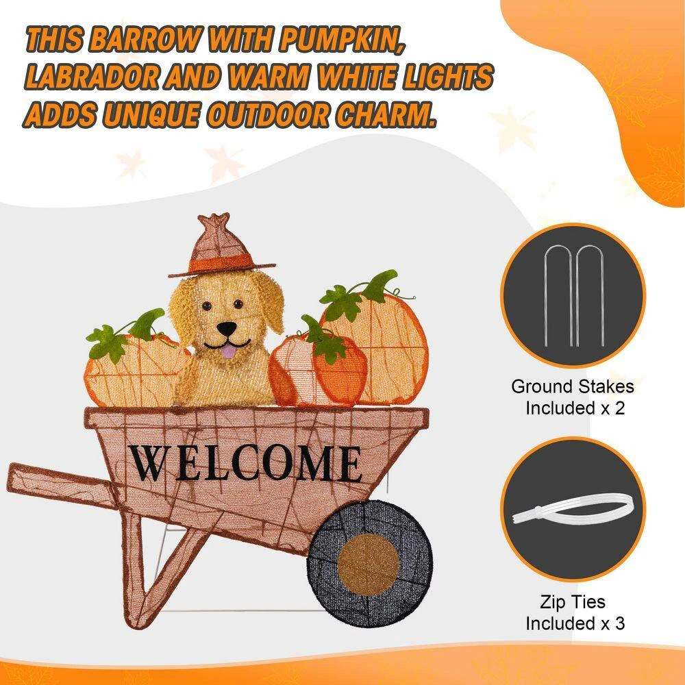 36.25 In. Lighted Fall Pumpkin Wheel Barrow With Labrador Outdoor Decor With 130 Warm White LED Lights 5 36.25 In. Lighted Fall Pumpkin Wheel Barrow With Labrador Outdoor Decor With 130 Warm White LED Lights - Image 5