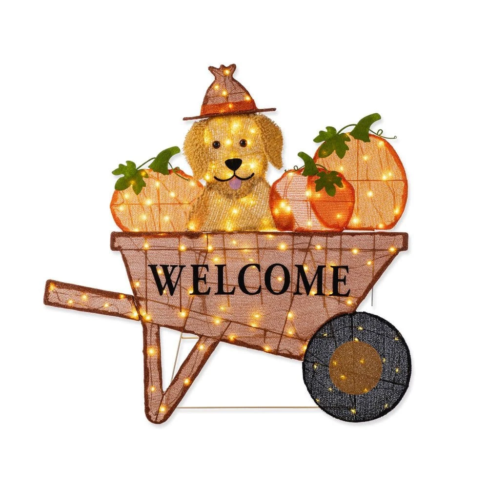 36.25 In. Lighted Fall Pumpkin Wheel Barrow With Labrador Outdoor Decor With 130 Warm White LED Lights 1 36.25 In. Lighted Fall Pumpkin Wheel Barrow With Labrador Outdoor Decor With 130 Warm White LED Lights