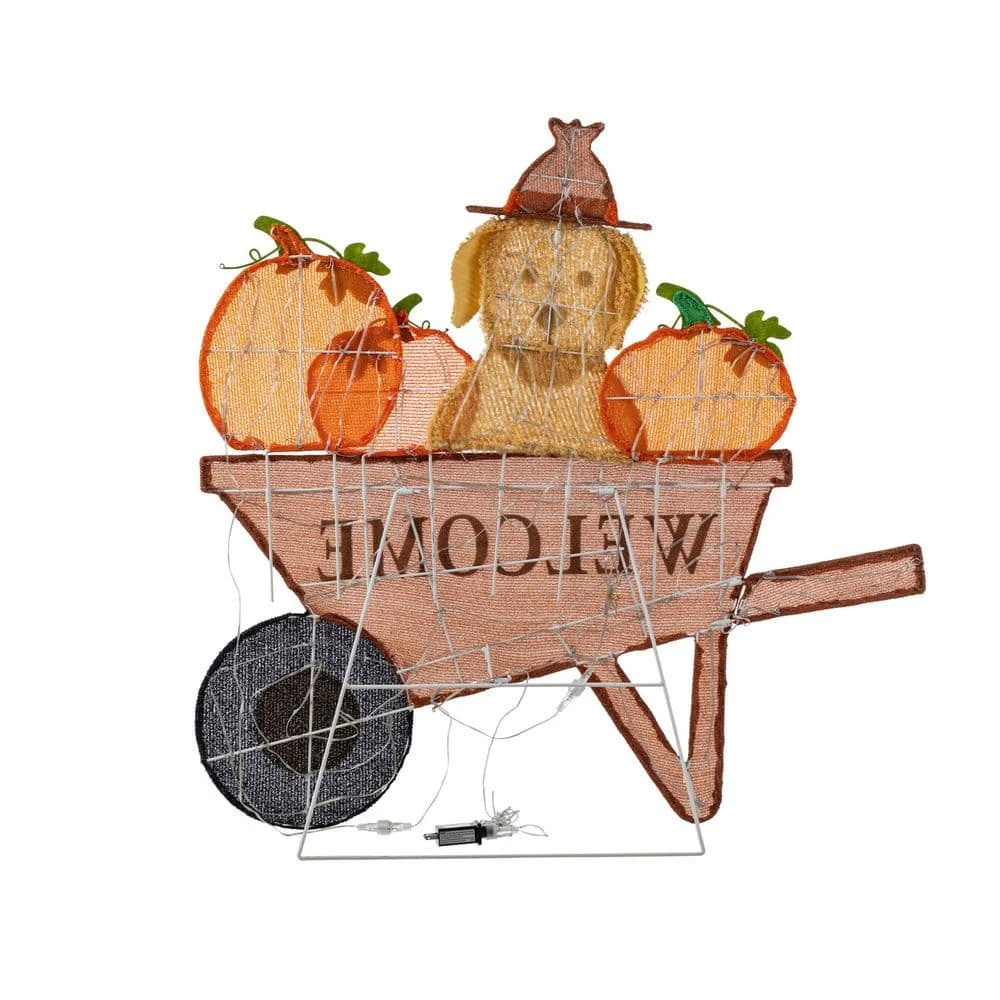 36.25 In. Lighted Fall Pumpkin Wheel Barrow With Labrador Outdoor Decor With 130 Warm White LED Lights 3 36.25 In. Lighted Fall Pumpkin Wheel Barrow With Labrador Outdoor Decor With 130 Warm White LED Lights - Image 3