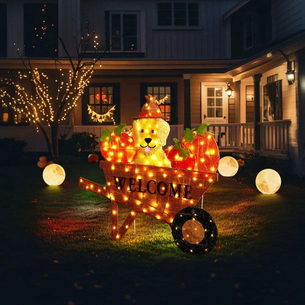 36.25 In. Lighted Fall Pumpkin Wheel Barrow With Labrador Outdoor Decor With 130 Warm White LED Lights 9 36.25 In. Lighted Fall Pumpkin Wheel Barrow With Labrador Outdoor Decor With 130 Warm White LED Lights - Image 9