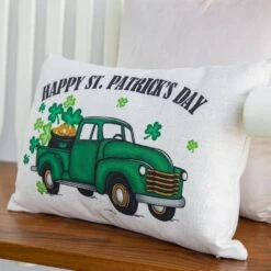 12 In. H Faux Burlap Happy St. Patrick's Truck Pillow -The Home Depot Shop glitzhome seasonal decorations 2004200002 1f 1000