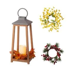 19.29 In. H Wooden/Metal Led Pillar Lantern With 3 Changeable Candle Rings Spring/Fall/Christmas