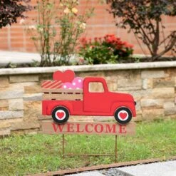 24 In. H Metal/Wooden Valentine's Truck Yard Stake Or Hanging Sign (KD, 2 Function) -The Home Depot Shop glitzhome seasonal decorations 2005000055 4f 1000