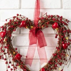 17 In. H Lighted Valentine's Berry Heart Wreath -The Home Depot Shop glitzhome seasonal decorations 2019400012 44 1000