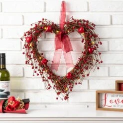 17 In. H Lighted Valentine's Berry Heart Wreath -The Home Depot Shop glitzhome seasonal decorations 2019400012 4f 1000