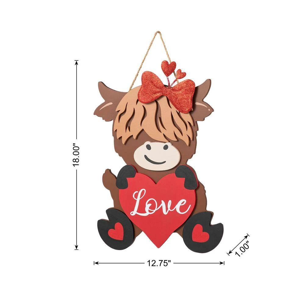 18 In. H Valentine's Wooden Highland Cow With Heart Door Hanger 6 18 In. H Valentine's Wooden Highland Cow With Heart Door Hanger - Image 6