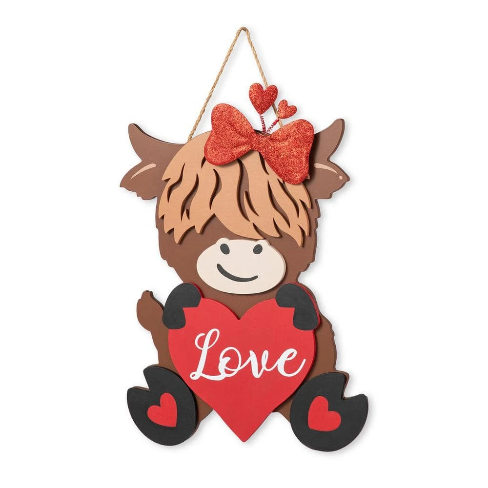 18 In. H Valentine's Wooden Highland Cow With Heart Door Hanger 1 18 In. H Valentine's Wooden Highland Cow With Heart Door Hanger