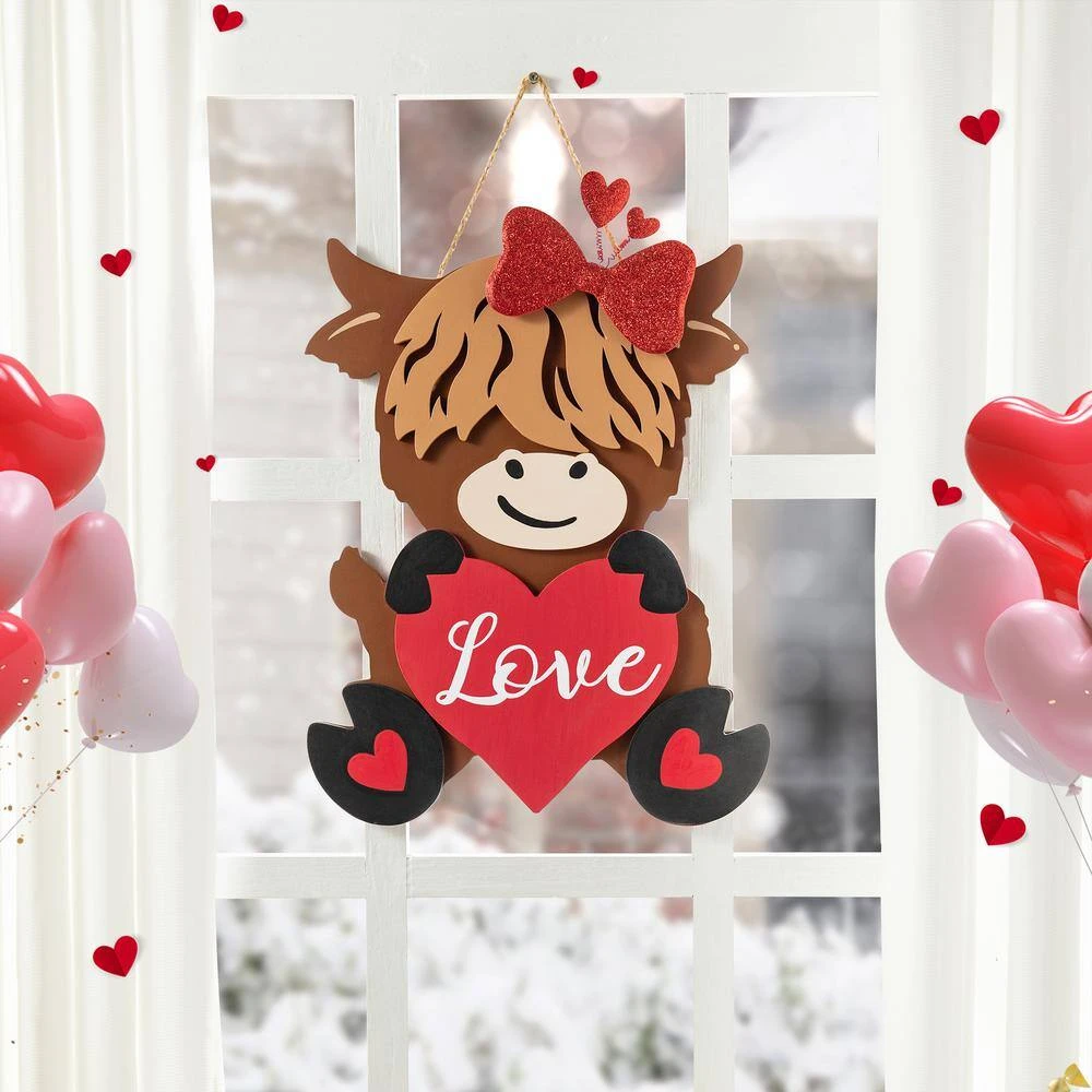 18 In. H Valentine's Wooden Highland Cow With Heart Door Hanger 4 18 In. H Valentine's Wooden Highland Cow With Heart Door Hanger - Image 4