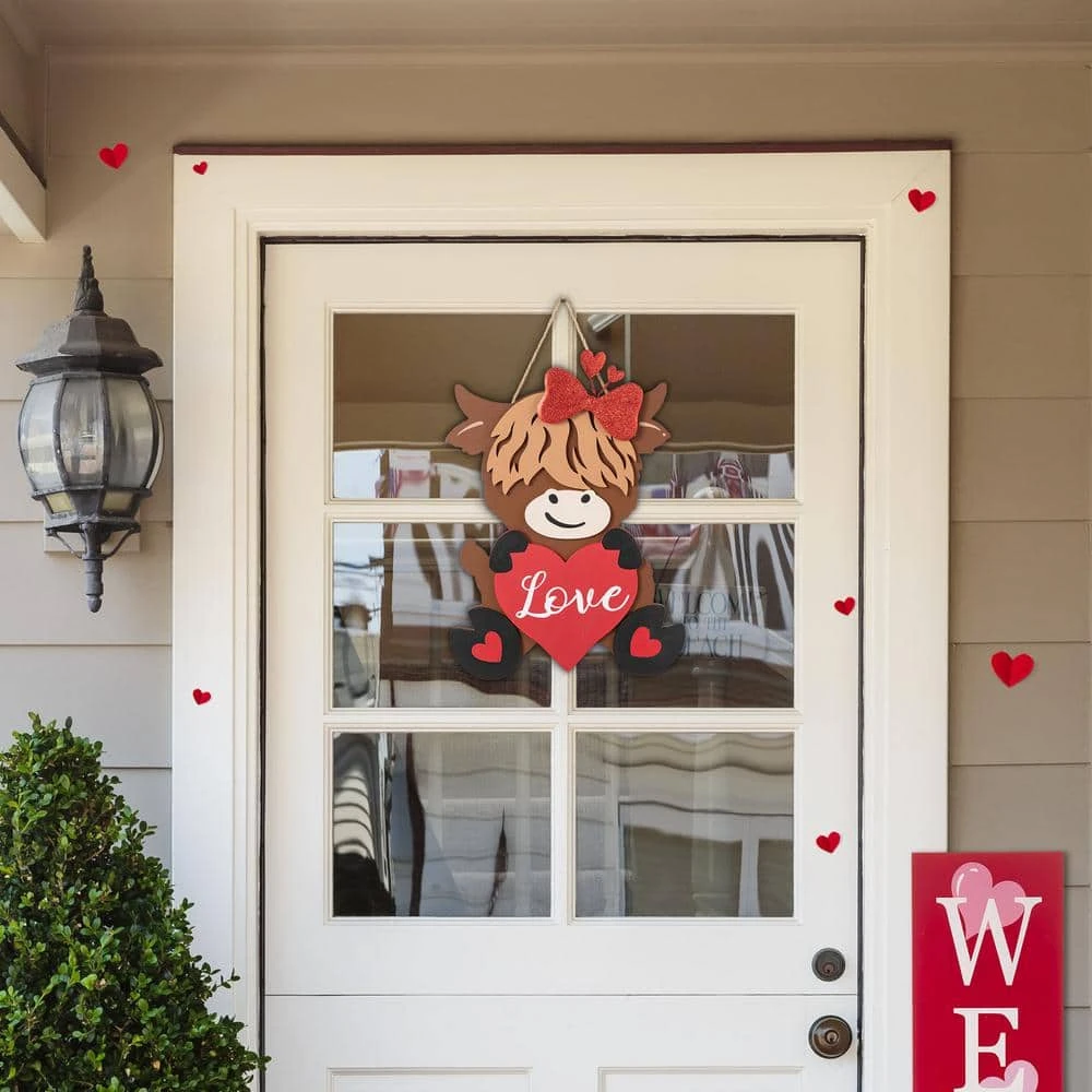 18 In. H Valentine's Wooden Highland Cow With Heart Door Hanger 2 18 In. H Valentine's Wooden Highland Cow With Heart Door Hanger - Image 2