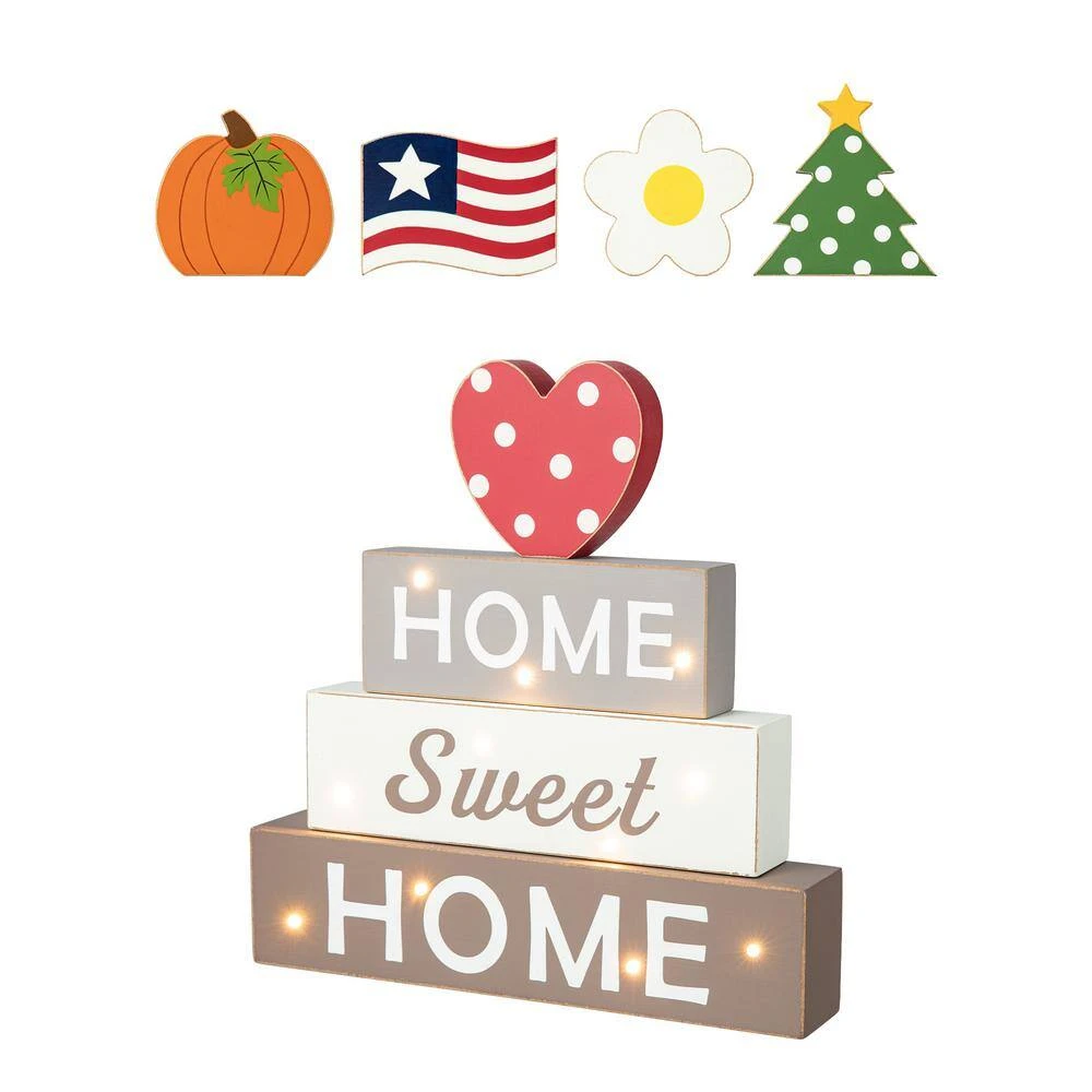 12.75 In. H Lighted Wooden Block Word Sign, W/5 Changeable Top Decors (Spring/Valentine/Patriotic/Fall/Christmas) 1 12.75 In. H Lighted Wooden Block Word Sign, W/5 Changeable Top Decors (Spring/Valentine/Patriotic/Fall/Christmas)
