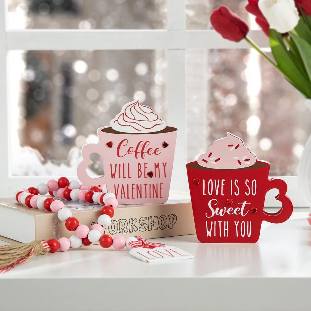 Wooden Valentine's Coffee Cup Table Decor (Set Of 2) 2 Wooden Valentine's Coffee Cup Table Decor (Set Of 2) - Image 2