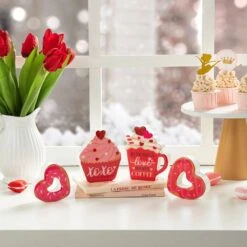 4.75 In. H Valentine's Epoxy Wooden Cup Cakes And Heart Table Decor (Set Of 4) -The Home Depot Shop glitzhome seasonal decorations 2032100013 31 1000