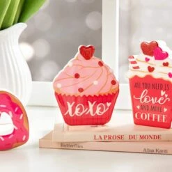 4.75 In. H Valentine's Epoxy Wooden Cup Cakes And Heart Table Decor (Set Of 4) -The Home Depot Shop glitzhome seasonal decorations 2032100013 44 1000