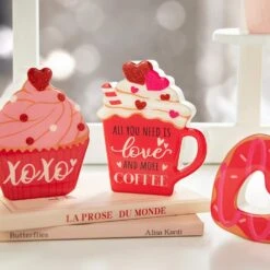 4.75 In. H Valentine's Epoxy Wooden Cup Cakes And Heart Table Decor (Set Of 4) -The Home Depot Shop glitzhome seasonal decorations 2032100013 fa 1000