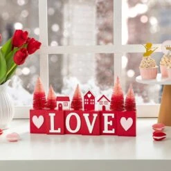 7.50 In. H Valentine's Wooden House/Brush Trees LOVE Table Decor -The Home Depot Shop glitzhome seasonal decorations 2032100016 31 1000