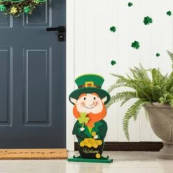 23.5 In. St.Patrick's Wooden Leprechaun Pot Of Gold Porch Decor(KD) -The Home Depot Shop glitzhome seasonal decorations 2032700004 31 1000