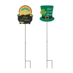 Set Of 2 St. Patrick's Pot Of Gold And Leprechaun Hat Metal Yard Stake(KD, 2 Function)