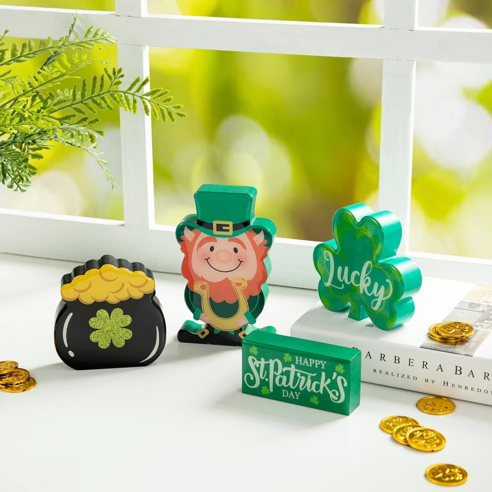 6 In. H St Patrick's Epoxy Wooden Shamrock & Pot Of Gold & Leprechaun Table Decor(Set Of 4) 4 6 In. H St Patrick's Epoxy Wooden Shamrock & Pot Of Gold & Leprechaun Table Decor(Set Of 4) - Image 4