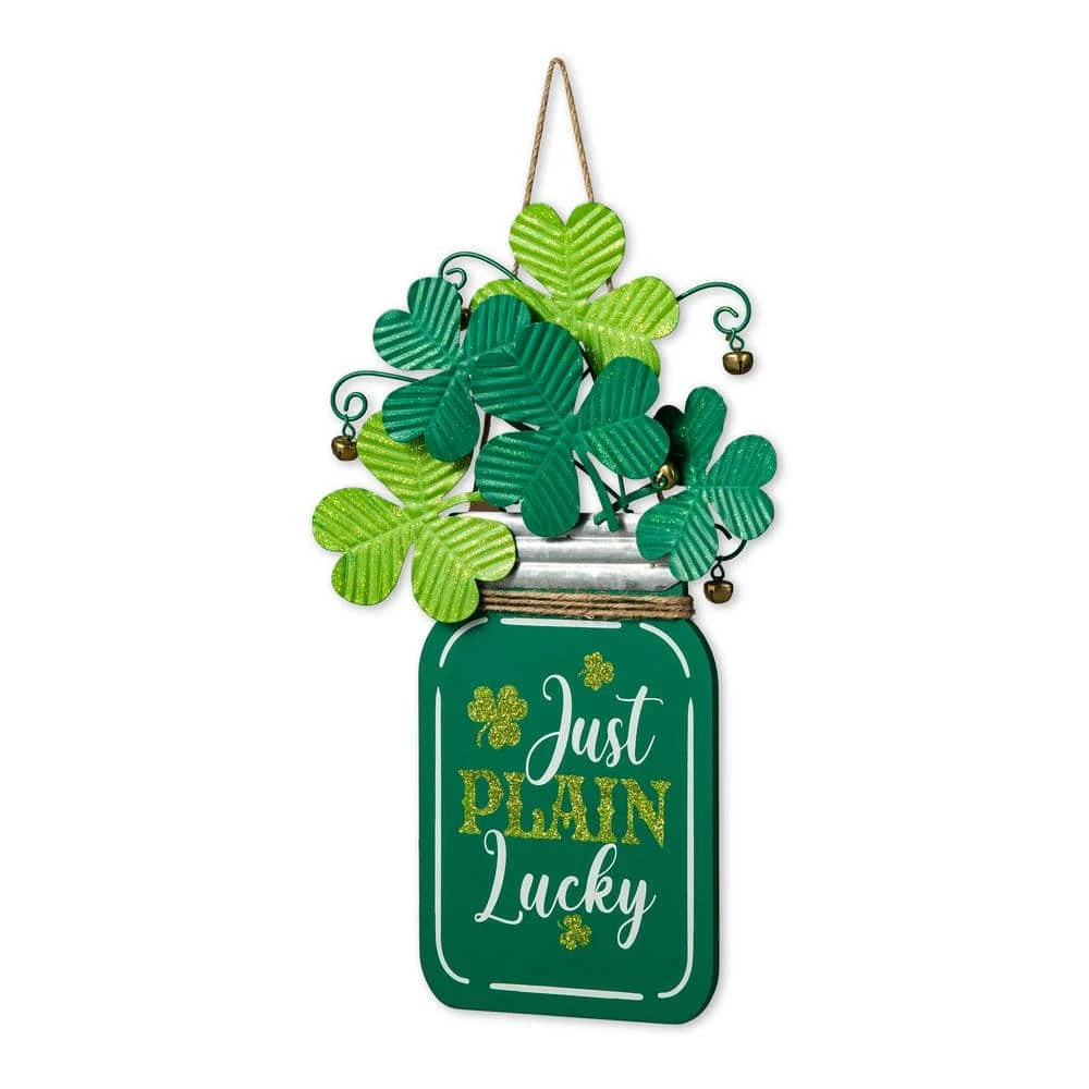 16 In. H St. Patrick's Wooden/Metal Mason Jar With Shamrock Door Hanger 1 16 In. H St. Patrick's Wooden/Metal Mason Jar With Shamrock Door Hanger
