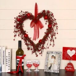 17 In. H Valentine's Berry Heart Wreath -The Home Depot Shop glitzhome seasonal decorations gh2019400001 1f 1000