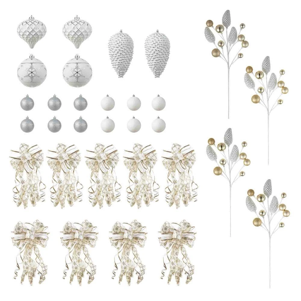 178 CT Christmas Elegant Silver And Gold Shatterproof Ornaments With Matched Pinecone Picks And Ribbon Bow Sets 6 178 CT Christmas Elegant Silver And Gold Shatterproof Ornaments With Matched Pinecone Picks And Ribbon Bow Sets - Image 6