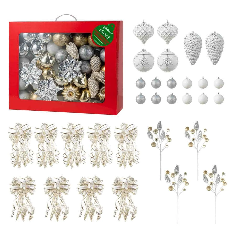 178 CT Christmas Elegant Silver And Gold Shatterproof Ornaments With Matched Pinecone Picks And Ribbon Bow Sets 1 178 CT Christmas Elegant Silver And Gold Shatterproof Ornaments With Matched Pinecone Picks And Ribbon Bow Sets