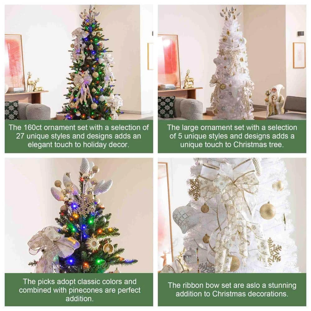 178 CT Christmas Elegant Silver And Gold Shatterproof Ornaments With Matched Pinecone Picks And Ribbon Bow Sets 9 178 CT Christmas Elegant Silver And Gold Shatterproof Ornaments With Matched Pinecone Picks And Ribbon Bow Sets - Image 9