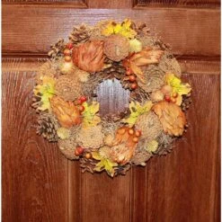 13 In. Fall Leaves Artichokes Pine Cones And Berries Wreath -The Home Depot Shop indoor fall decorations 9960 31 1000