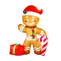 8 Ft. Christmas Inflatable Gingerbread Man With Candy Cane, Blow Up Inflatable Yard Decoration With Build-in LEDs