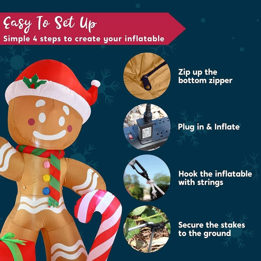 8 Ft. Christmas Inflatable Gingerbread Man With Candy Cane, Blow Up Inflatable Yard Decoration With Build-in LEDs 2 8 Ft. Christmas Inflatable Gingerbread Man With Candy Cane, Blow Up Inflatable Yard Decoration With Build-in LEDs - Image 2