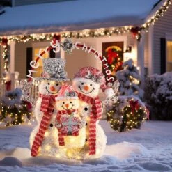 44.4 In. H Merry Christmas Snowman Trio Holiday Decoration With Battery Operated Lights -The Home Depot Shop luxenhome christmas yard decorations whhd2043 c3 1000