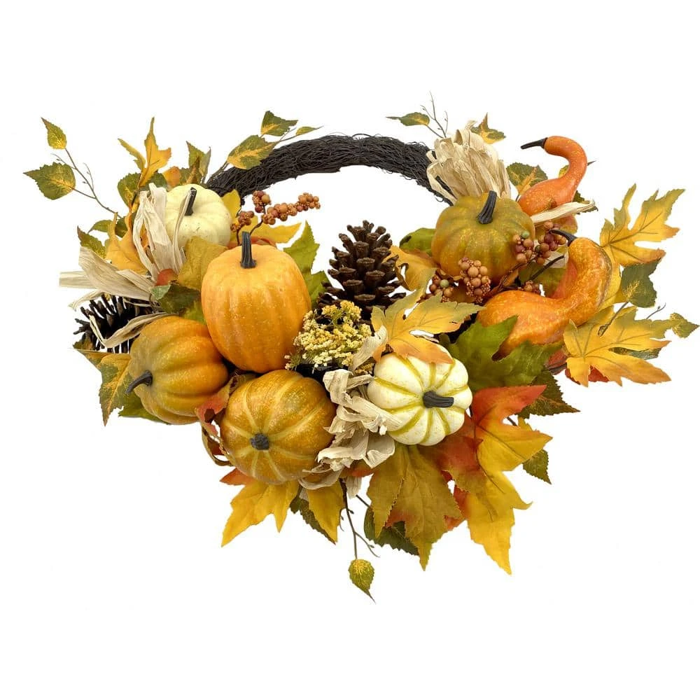 22 In. Fall Pumpkin, Leaves And Pinecone Wreath 2 22 In. Fall Pumpkin, Leaves And Pinecone Wreath - Image 2