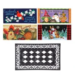 Evergreen Sassafras Fall Holiday Set Of 5 Door Mats With Rubber Display Frame, Collection #6