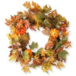 24 In. Artificial Maple Wreath With Pumpkins