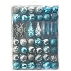 Holiday 3 In. To 6 In. Blue Shatterproof Christmas Tree Ornament Box Set With Reusable Tray (52-Count)